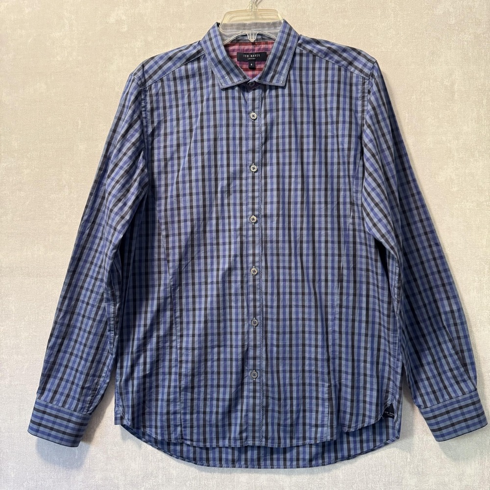 Ted Baker Shirt Mens Large Blue Purple Gingham Plaid Button Up‎ Long Sleeve